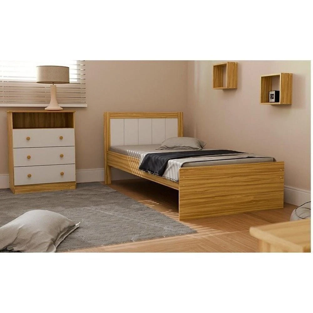 Quarto Infantil com Cama Cômoda 3 Gavetas e 2 Nichos Margo 100% MDF Branco Brilho/Amêndoa
