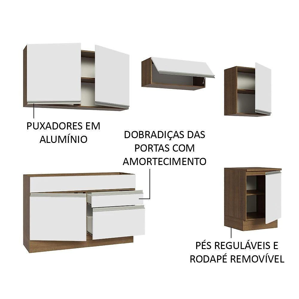 Armário De Cozinha 260Cm Glamy 04 Rustic/Branco