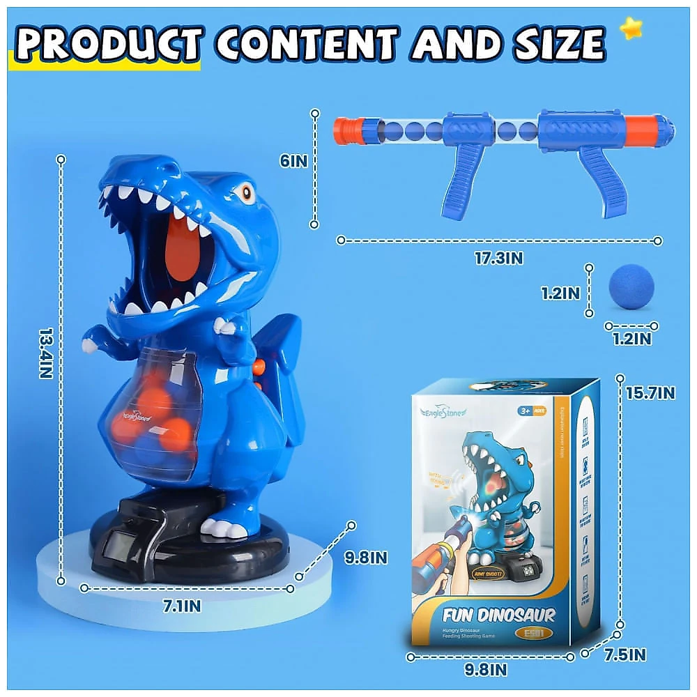 EagleStone TRex - Brinquedo Eletrônico de Tiro com Dinossauro para Crianças de 6 a 12 Anos, com 24 Bolinhas de Espuma e Pistola de Ar