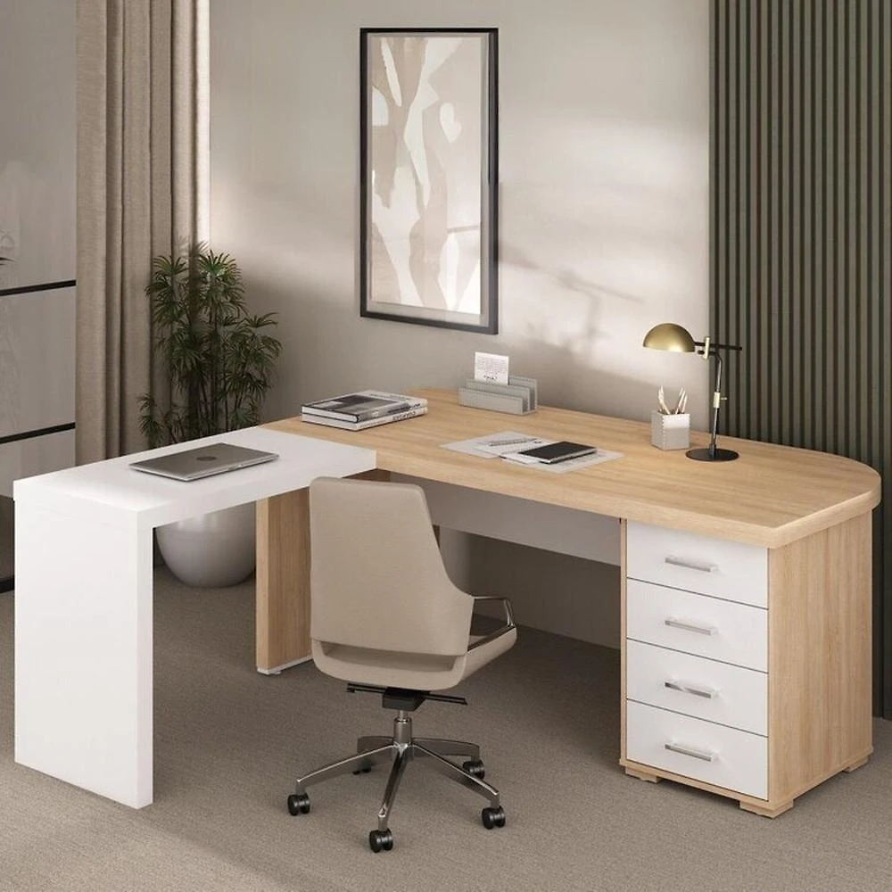 Conjunto Mesa Escritório Tamburato com Gavetas Lado Direito e Mesa de Apoio Carvalho / Branco