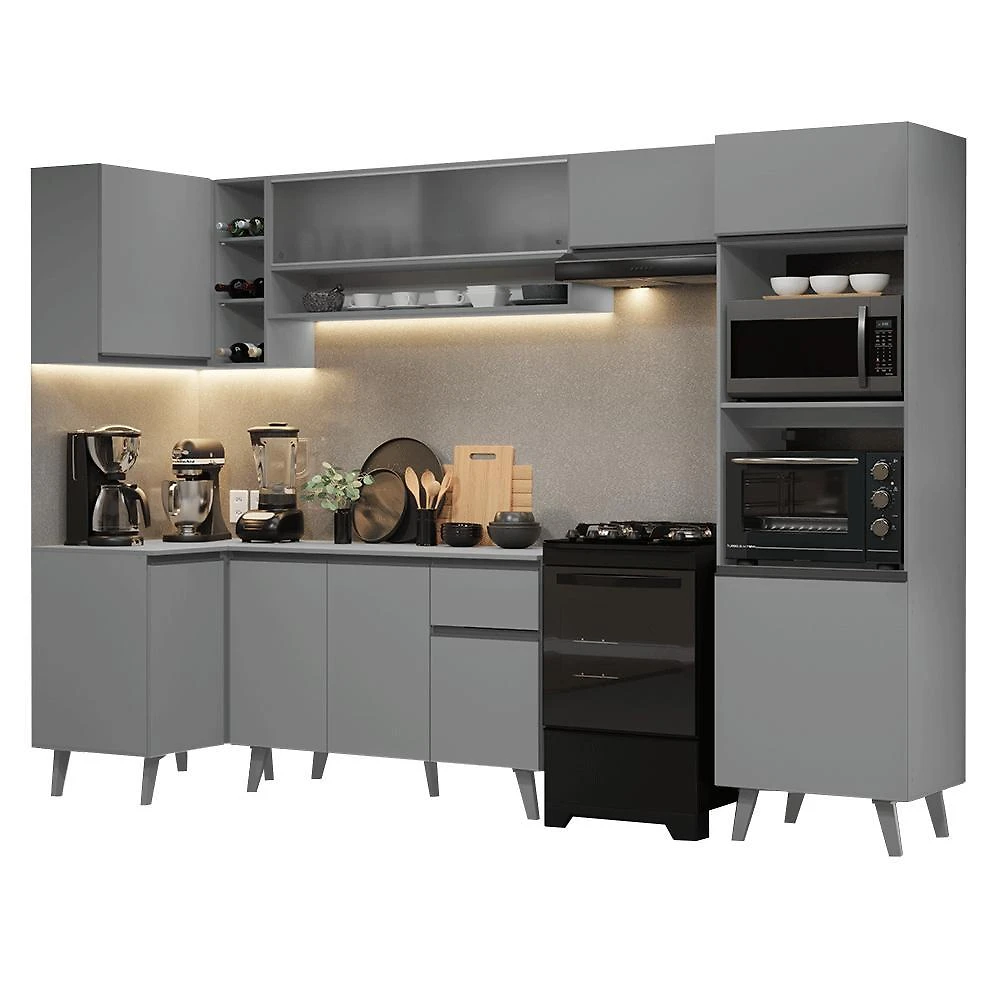 Armário de cozinha completa de canto 385cm cinza nice madesa 03