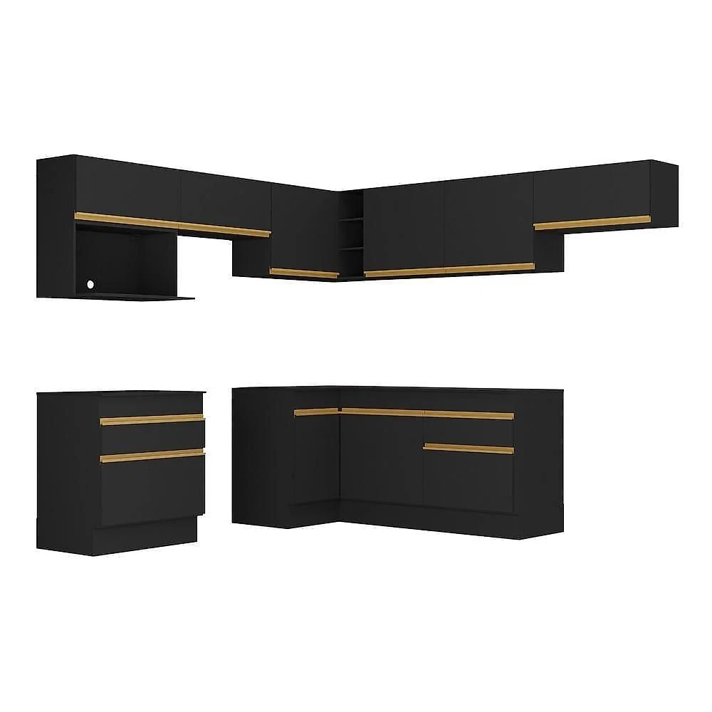 Armário De Cozinha Completa De Canto Com Rodapé Veneza Multimóveis V2106 Preto/dourado