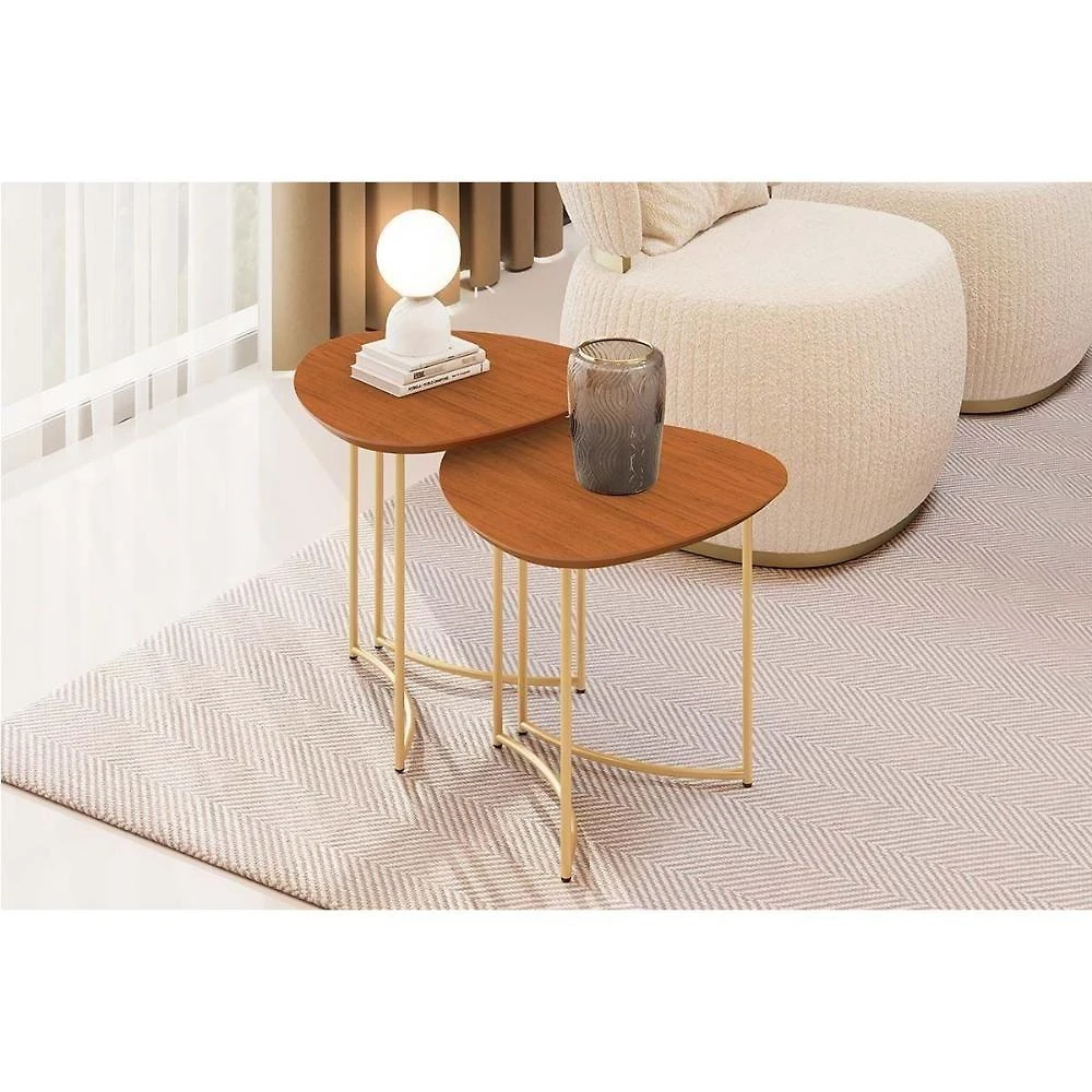 Mesa Lateral Sala Pétala Orgânica MDF Aço 224CM Café Tampo Madeirado DJ Móveis