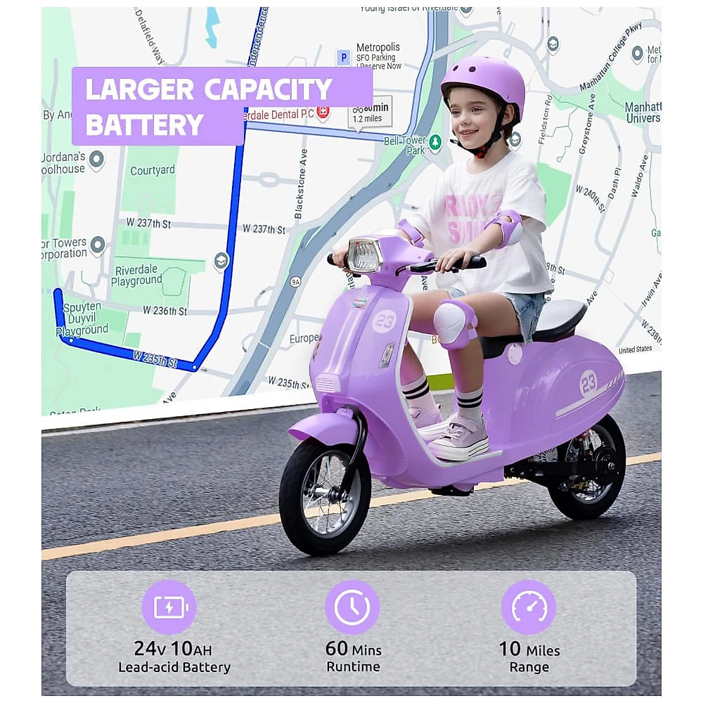 Moto Elétrica Infantil Okay Run Lilás 24V 2 Rodas LED Música 3 Velocidades Buzina 8 a 14 Anos