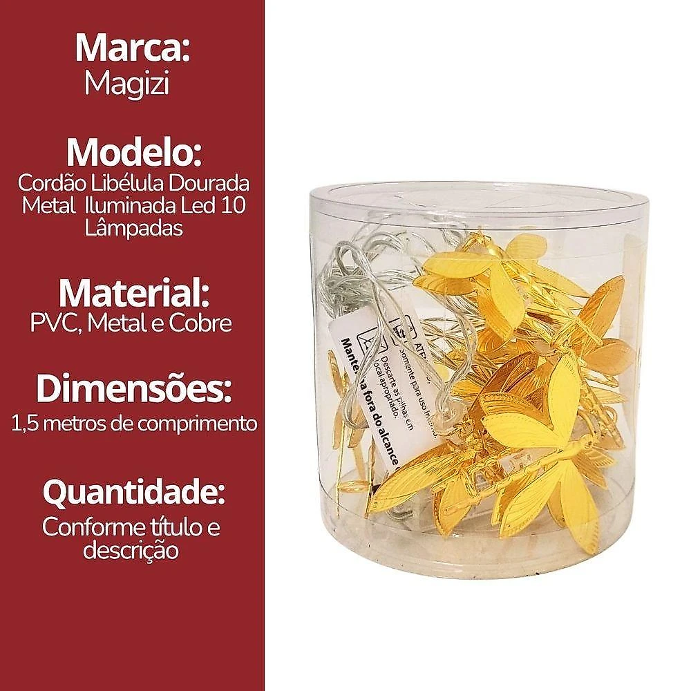 Cordão Iluminado Libélula Metal Dourado 10 Lâmpadas LED Branco Quente Yangzi