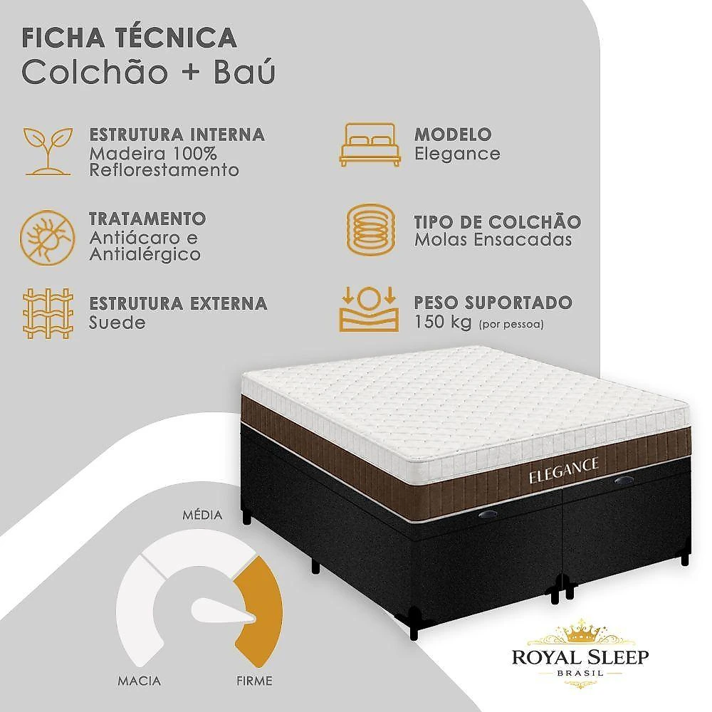 Cama Box com Baú King Elegance Pillow Top Molas Ensacadas Suede Bege Royal