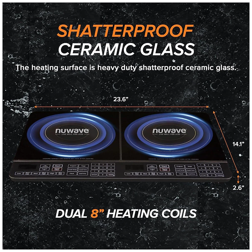 Cooktop de Indução Portátil Nuwave Double, 900-1800W, 37,8ºC a 301,67ºC, Bobina de Aquecimento, Vidro Cerâmico à Prova de Estilhaços