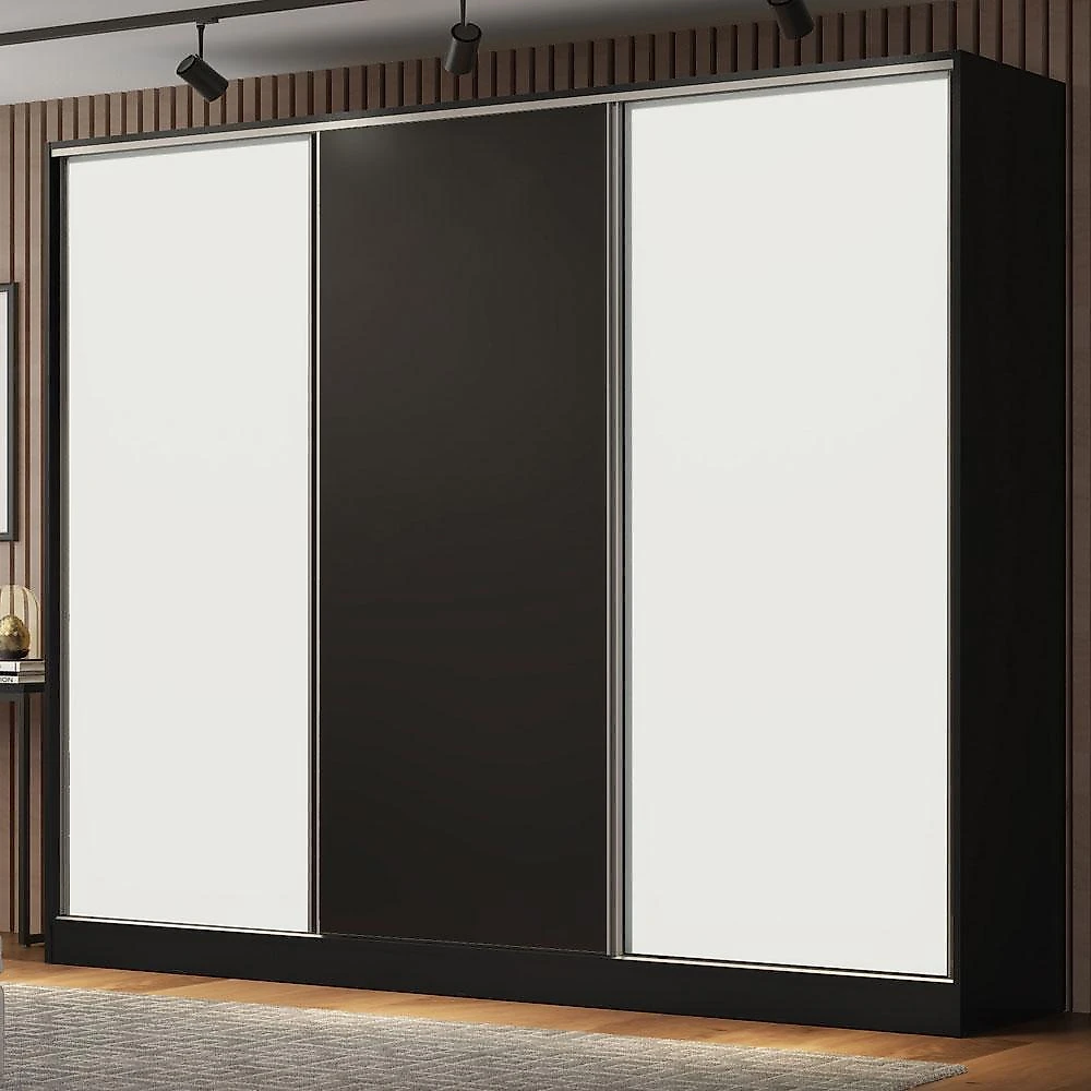 Guarda roupa casal 100% mdf madesa royale 3 portas de correr - preto/branco/preto