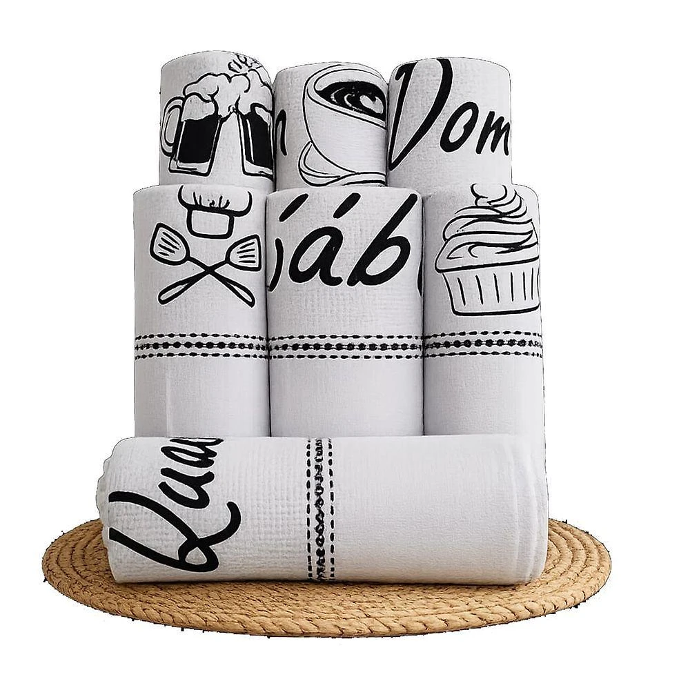 Kit Pano de Copa e Prato Semaninha 7 Peças Sacaria Algodão Poliéster Estampado Branco Lomaer