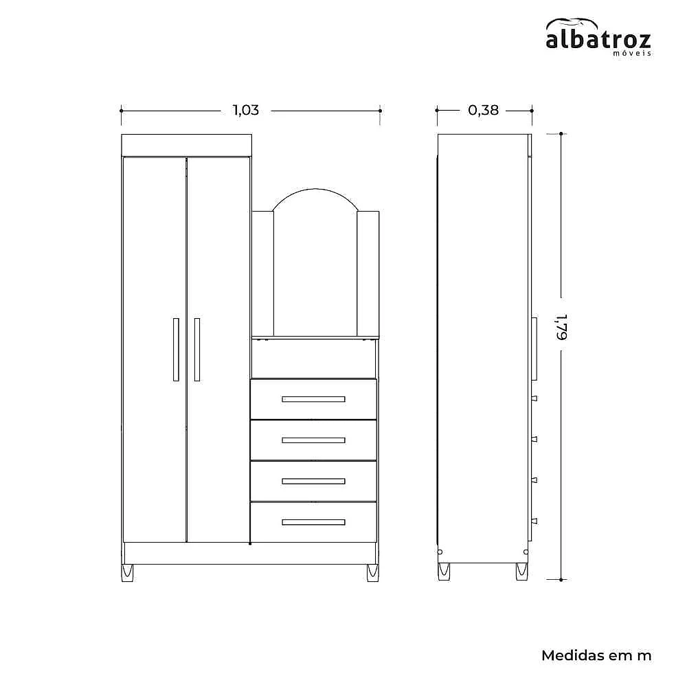Guarda Roupa com Cômoda Embutida Solteiro New Capri 2 Portas 4 Gavetas MDP com Espelho Branco 103CM