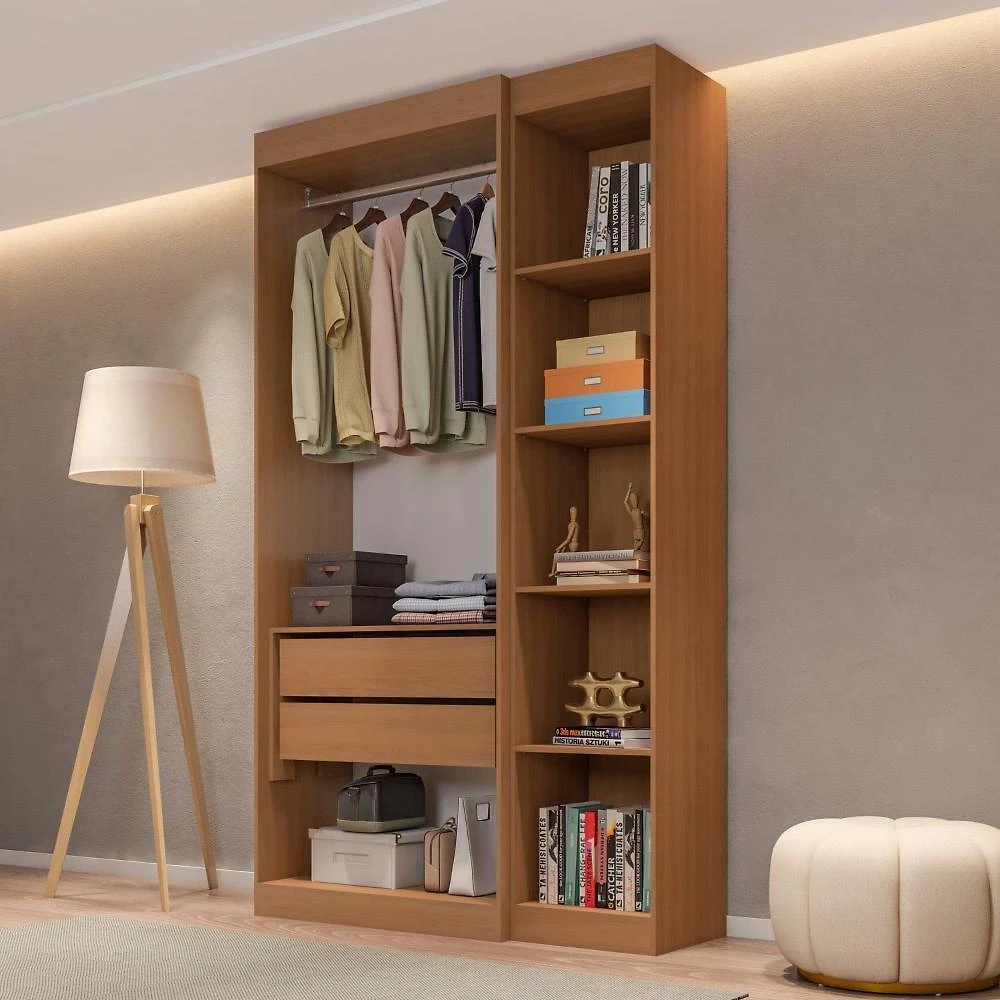 Guarda-Roupa Modulado sem Portas 2 Gavetas 4 Prateleiras Estante Versatille Yescasa Freijó Com Branco