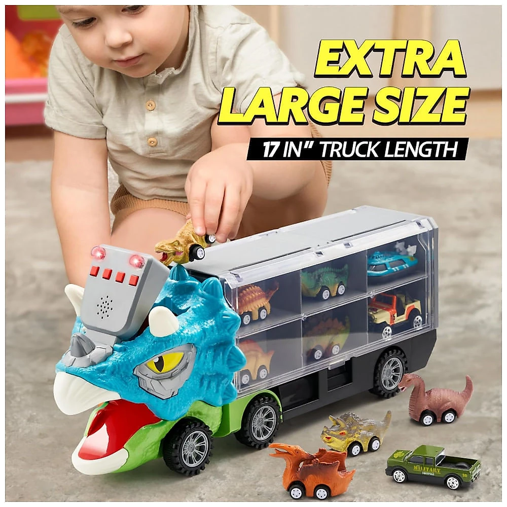 Brinquedo de Dinossauro JOYIN 13 em 1 para Crianças 3-5 anos, Caminhão Triceraptor com 12 Carros de Tração, Presente de Aniversário para Meninos