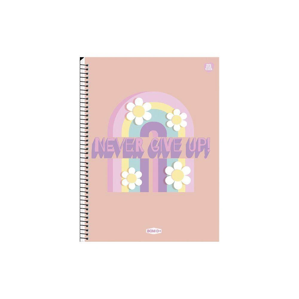 Caderno Universitário Feminino Never Give Up 80 Folhas Espiral com Capa Motivacional Rosa