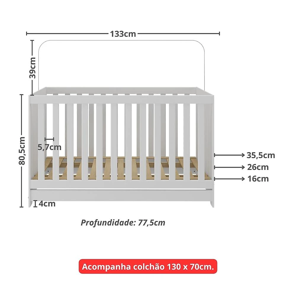Berço Americano 3 em 1 com Colchão Incluso Multimóveis MP0527PA Branco