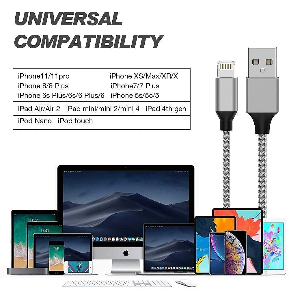 Carregador para iPhone Trançado Carregamento rápido Longo C ompatível com iPhone 12Pro Max 12Pro 12 11Pro Max 11Pro 11 XS Xs Max XR e mais prata e branco