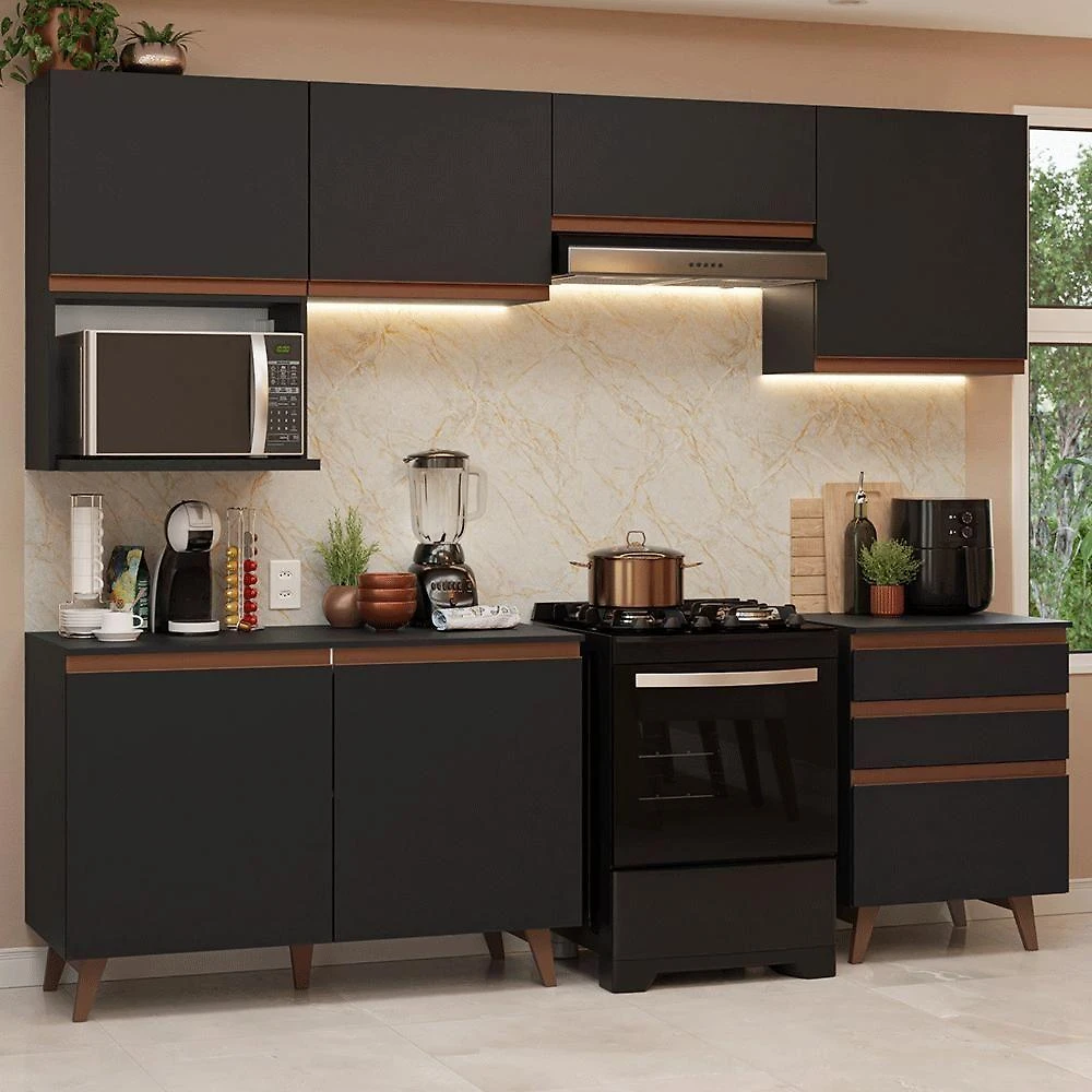 Armário De Cozinha Completa 250cm Preto Reims Madesa 09 Preto