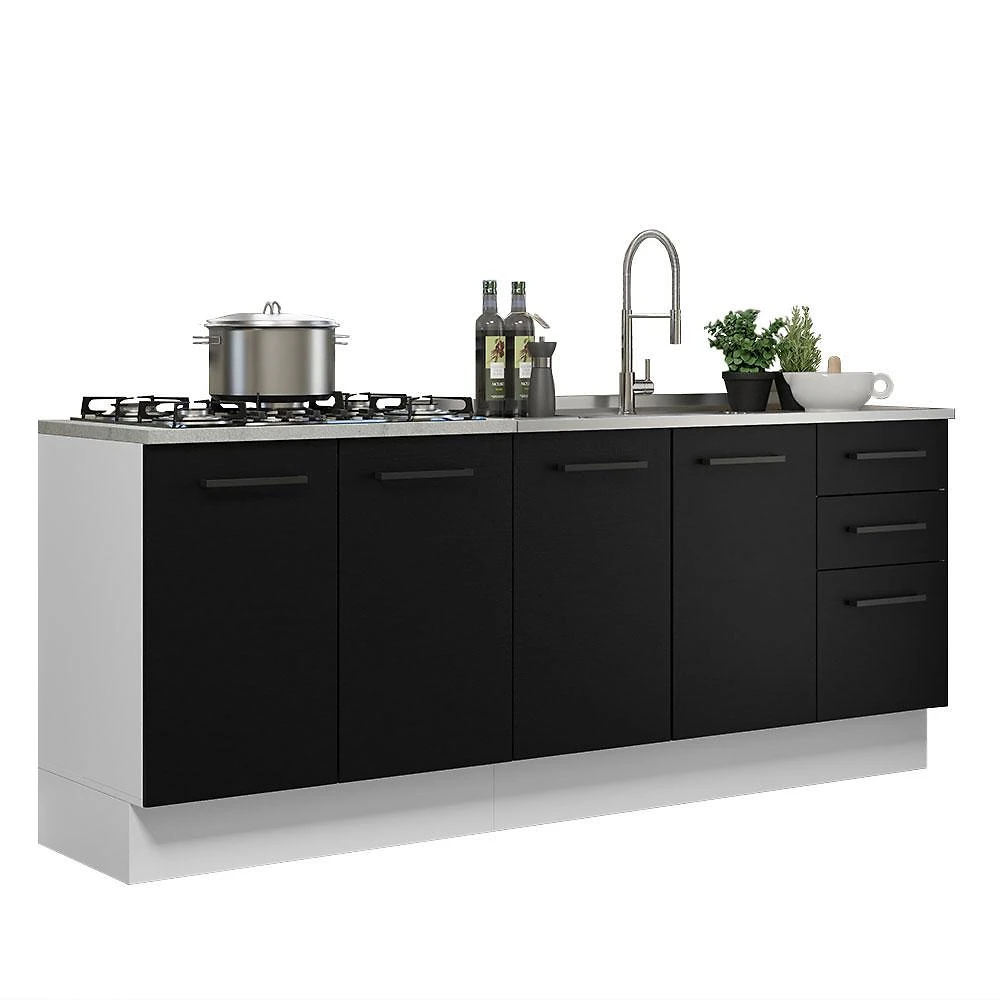 Kit com 2 balcões de cozinha madesa agata 3 gavetas 4 portas (sem tampo e pia) - branco/preto