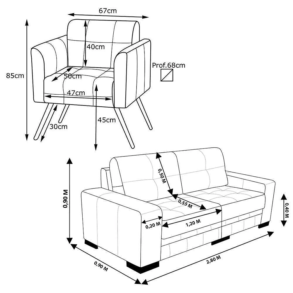 Conjunto de Sofá Bia-Milano G58 4 Lugares 280cm Couro Caramelo Gran Belo