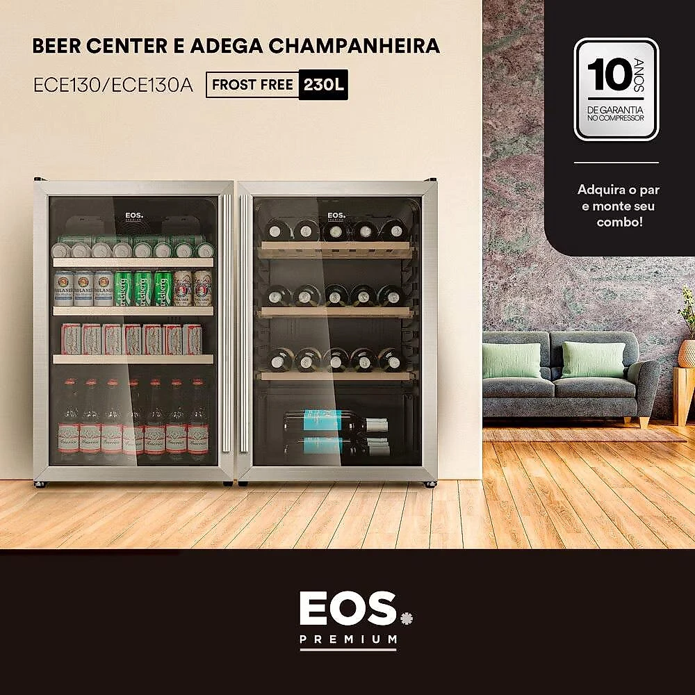 Kit EOS Beer & Wine: Cervejeira Bierhaus 115L Frost Free ECE130 220V + Adega Champanheira Inox 47 Garrafas com Compressor ECE130A 220V