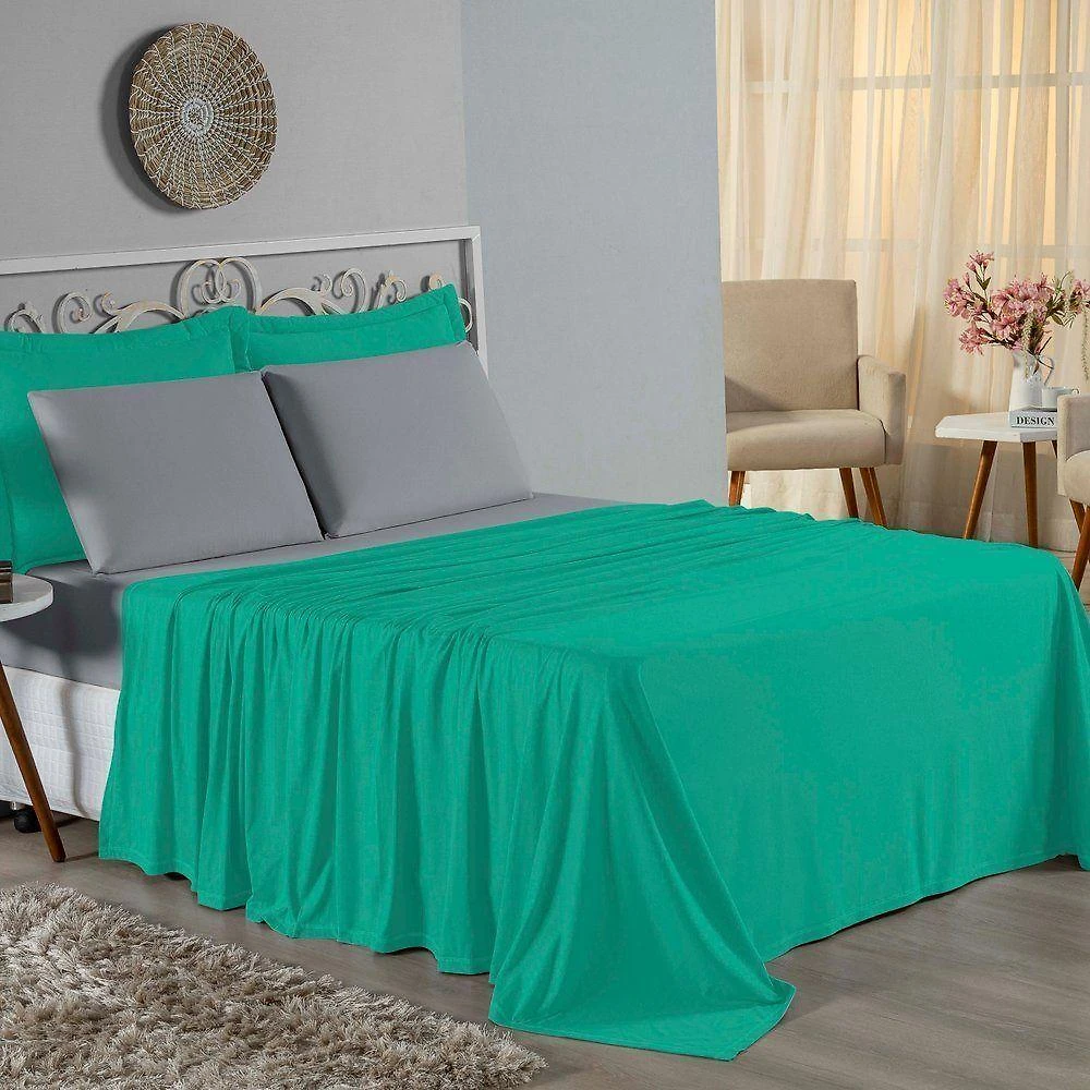 Jogo De Cama Solteiro Nobre 3 Peças Lençol Com Elástico De 30cm De Altura Malha 100% Algodão - Jade / Cinza