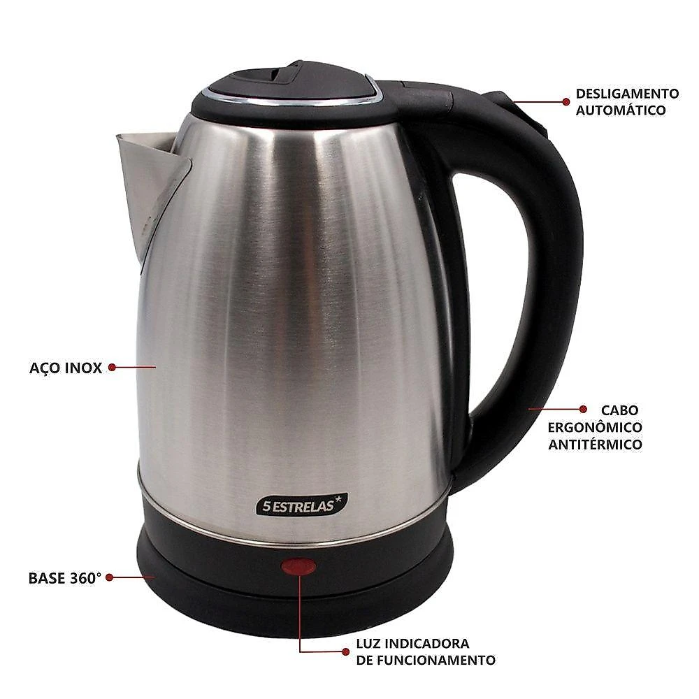 Chaleira Elétrica Inox Escovado Rápida Fervura 1500W 1,8L 220V