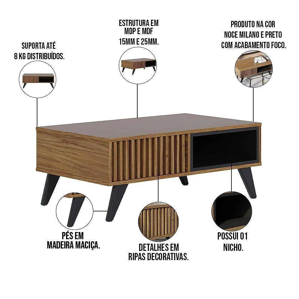 Mesa De Centro 01 Nicho Delta C04 Preto Fosco Noce Milano