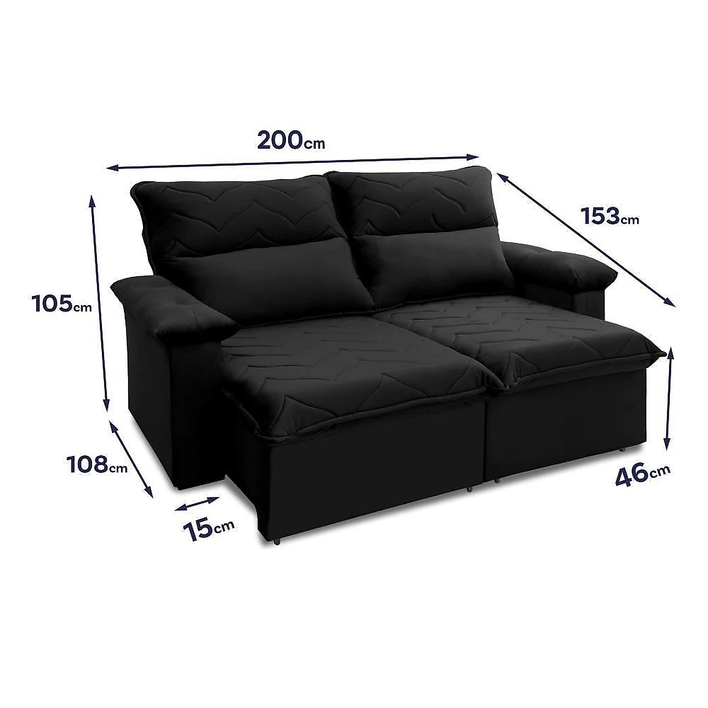 Sofá Retrátil Reclinável Paris 2,00m Suede Velut Preto Molas No Assento - King House