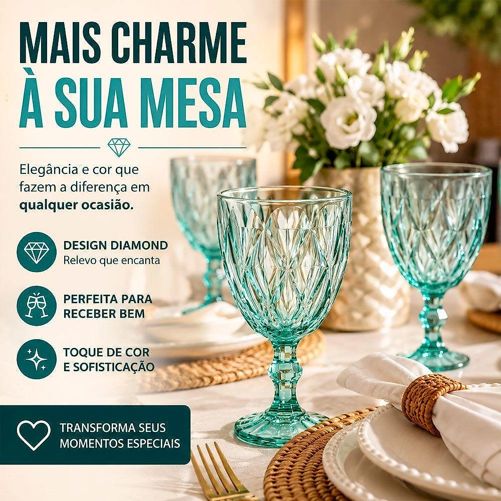 Taça Diamond para Vinho Água e Sucos Vidro com Textura Diamante Verde Claro Hauskraft 6 Unidades
