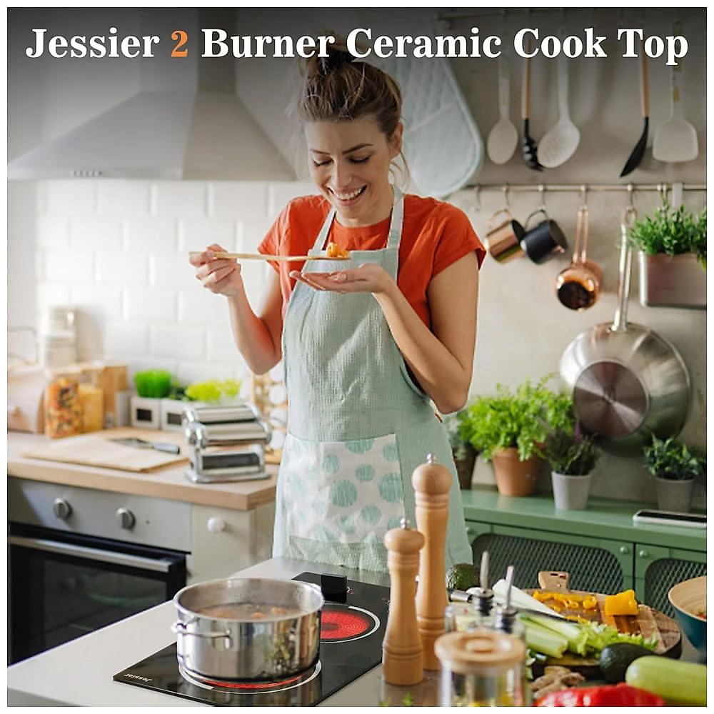 Cooktop Elétrico 2 Bocas 30,48 cm Portátil 110V Plug and Play, Cooktop Cerâmica Embutido, Controle Botão, 9 Níveis Potência e Proteção,Jessier