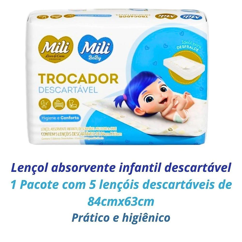 Trocador Descartavel Love & Care para Bebe Lençol Absorvente Pacote com 5 Unidades Mili