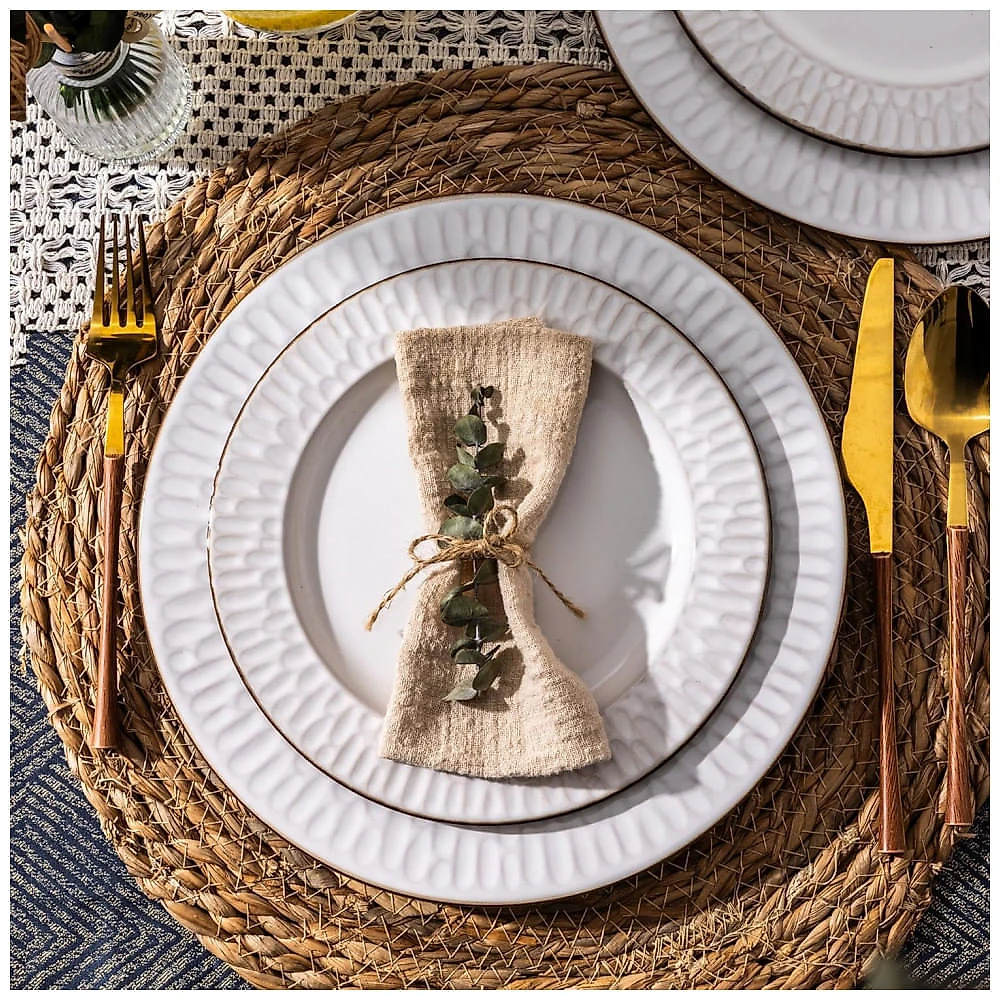 Jogo de Louça em Cerâmica GBHOME, 12 peças com Design Elegante em Alto-relevo, Conjunto de Pratos e Tigelas em Stoneware, Presente de Casamento e Chá