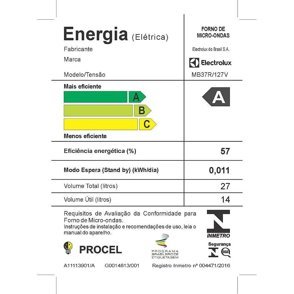 Micro-ondas Electrolux MB37R, 27 Litros, Branco 110 Volts