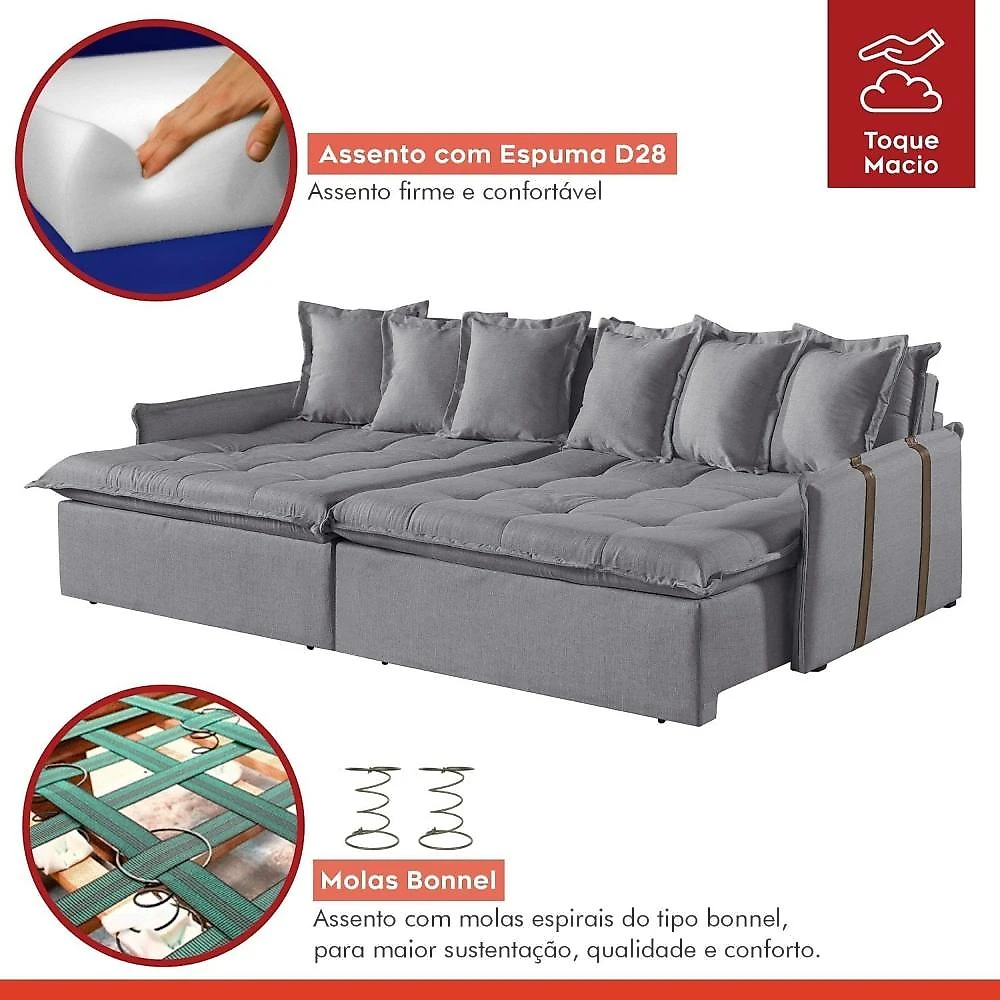 Sofá Retrátil e Reclinável Modulado 214cm Pés em Madeira Maciça Portugal Sofá Retrátil e Reclinável 214cm M161 Linho/Cinza