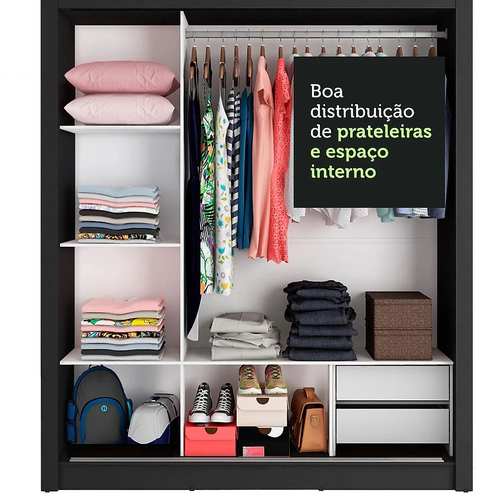 Guarda roupa casal madesa lyon 3 portas de correr com espelho 2 gavetas preto/rustic