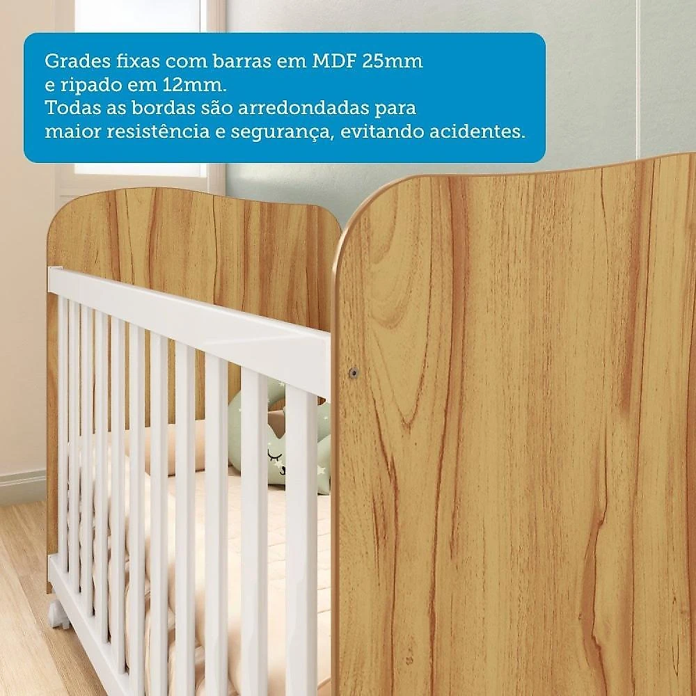 Quarto de Bebê com Guarda Roupas 3 Portas Cômoda e Berço com Rodizio Mimo 100% Mdf Espresso Móveis Branco Brilho/Amêndoa