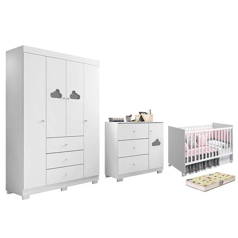 Conjunto de Quarto Ane Guarda Roupa Cômoda Berço 4 Portas 3 Gavetas MDF Branco Phoenix Baby