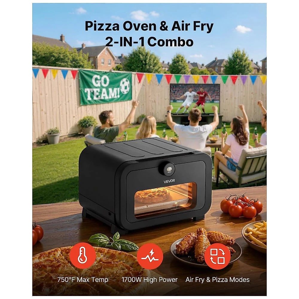 Forno de Pizza Elétrico VEVOR JG2-18H 30 cm Air Fryer Combo 8 Modos Pedra Refratária 399°C 110V