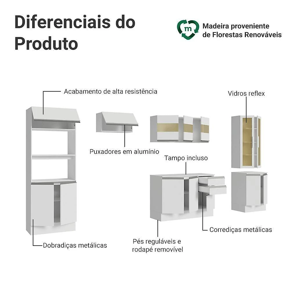 Armário De Cozinha Completa 100% Mdf 310 Cm Smart Madesa 04 Branco