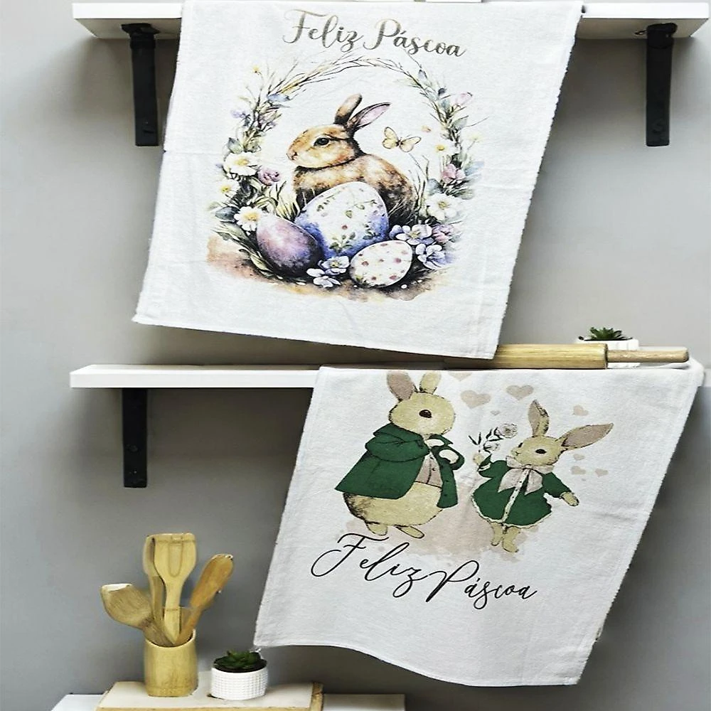 Kit 10 Pano de Prato Copa Pascoa Sacaria 90% Algodão Estampado Branco Off-white Lomaer