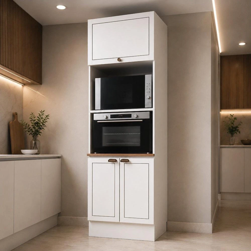 Paneleiro Torre Quente com Nicho Espaço Forno e Micro-Ondas Branco Americano com Rodapé Branco com Tampo Ébano