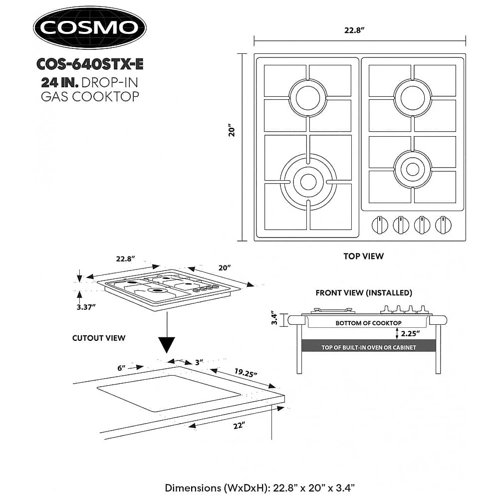 Cooktop a gás de embutir 61cm Cosmo inox 4 queimadores selados grade em ferro fundido acendimento eletrônico 110V