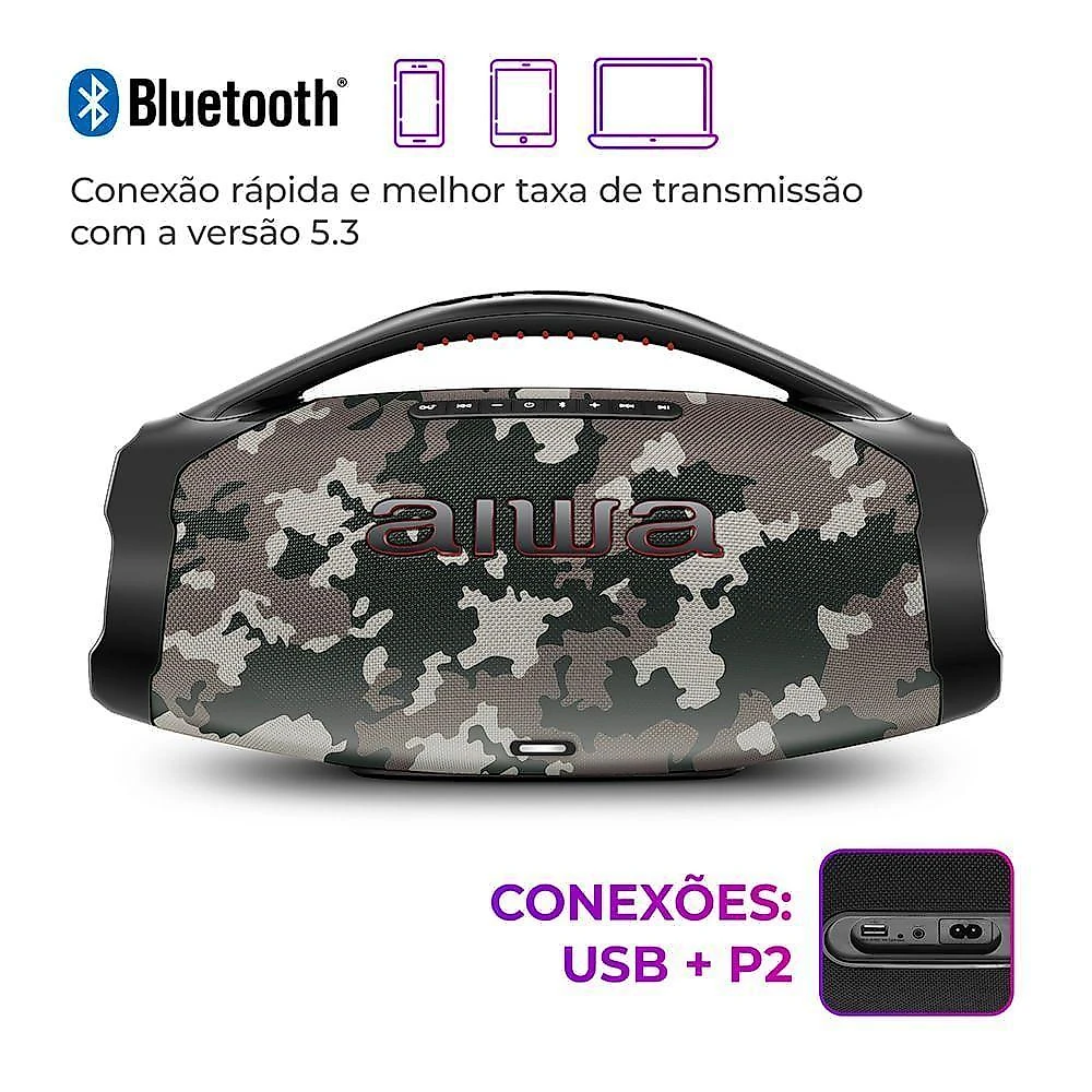 Caixa de som boombox plus aiwa bbs-01-bg 200w bt 30h ip66 usb cinza boombox bivolt