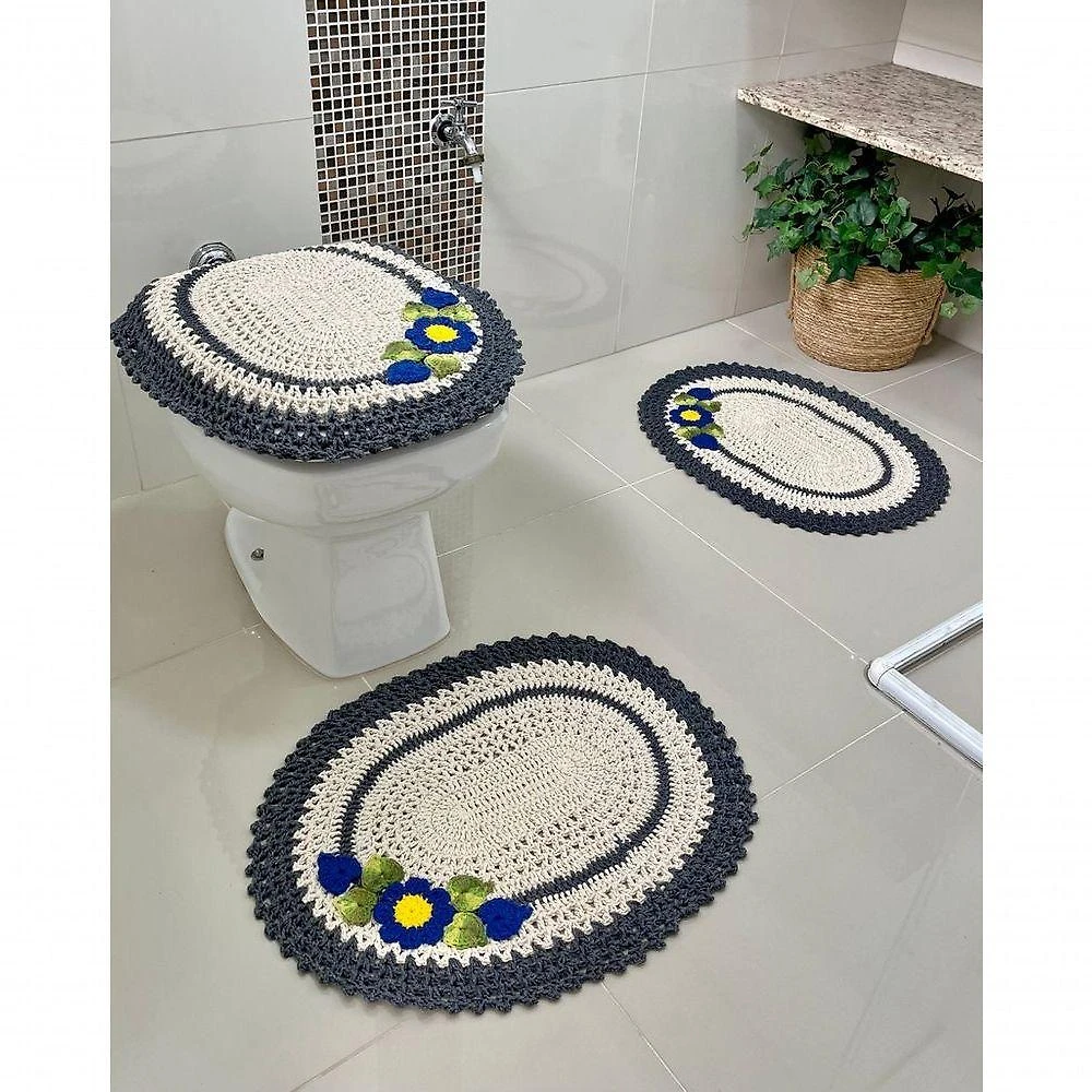 Jogo de Banheiro em Crochê com Flores 3 Peças Grafite Artesanal