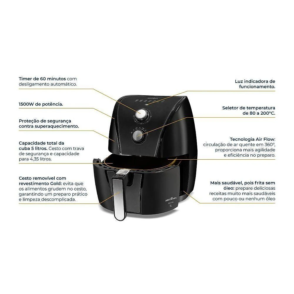 Air Fryer Britânia 5L Antiaderente Gold 1500W BAF45A 110V