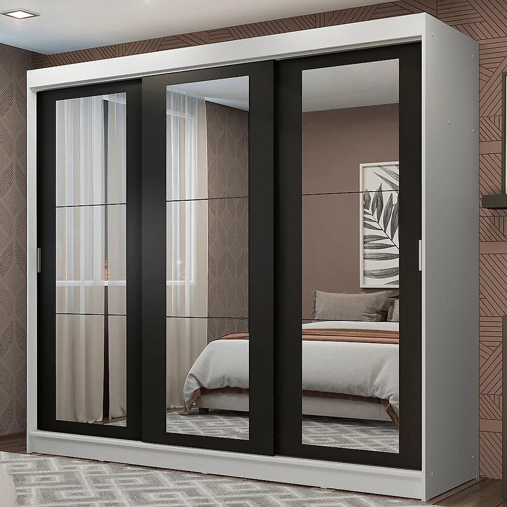 Guarda-roupa casal madesa kansas 3 portas de correr de espelho 3 gavetas branco/preto