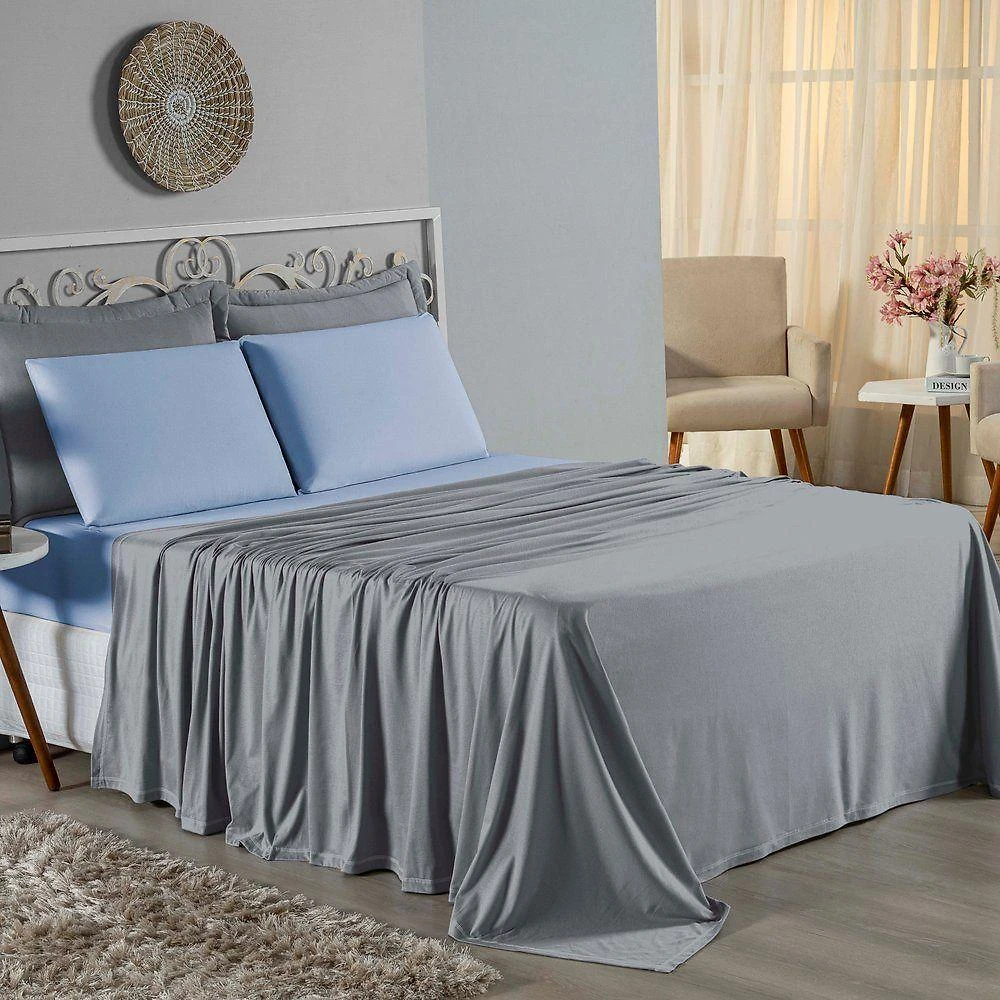 Jogo De Cama Queen Nobre 4 Peças Lençol Com Elástico De 30cm De Altura Malha 100% Algodão - Cinza / Azul-bebê