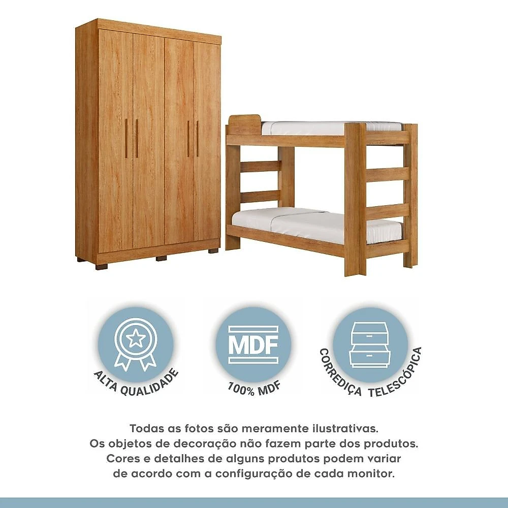 Quarto Infantil Completo com Guarda-roupa e Beliche Théo Amadeirado