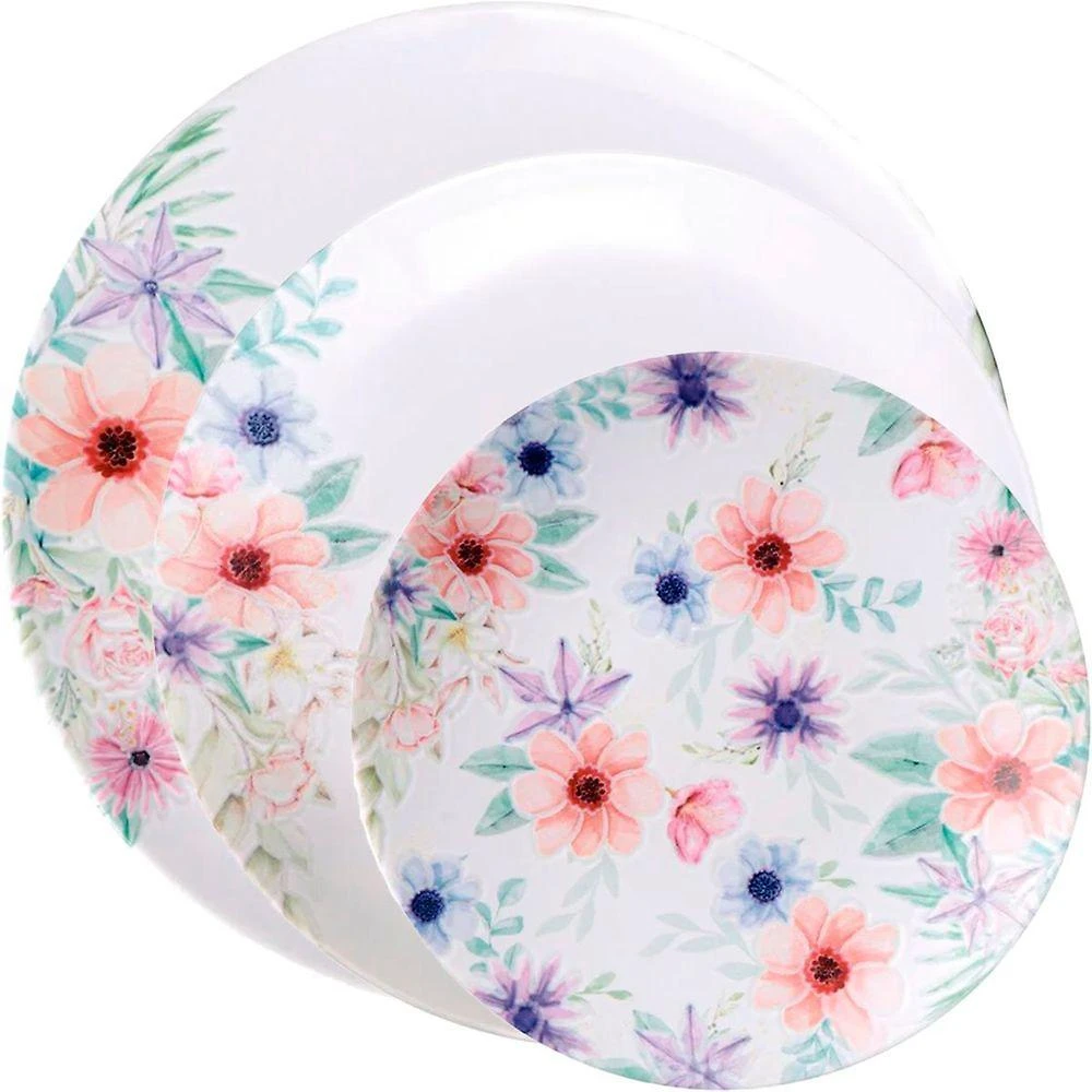 Jogo de Pratos Floratta 12 Peças Raso Fundo Sobremesa em Porcelana Branco Floral