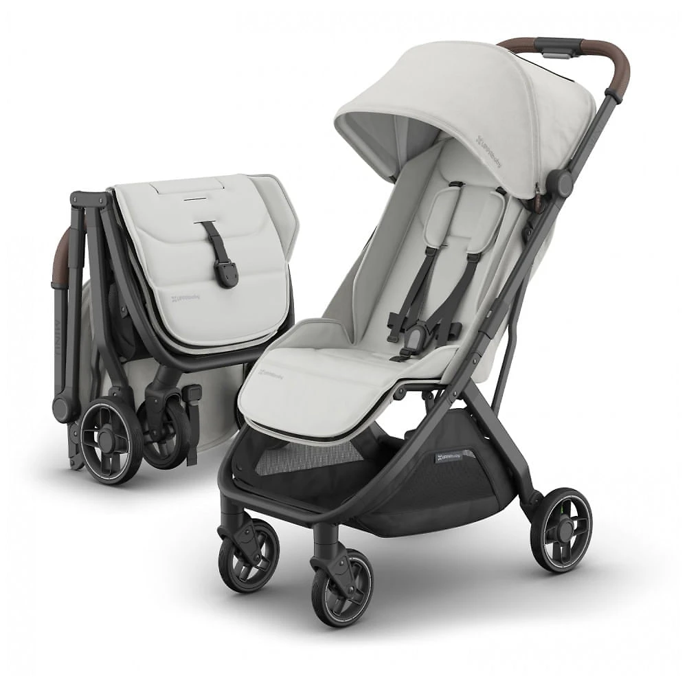 Carrinho de Bebê Compacto UPPAbaby Minu V3 Savannah Cinza Pérola/Alumínio Carbono/Couro Castanho, Dobrável com Uma Mão, Leve, Compatível com Assentos