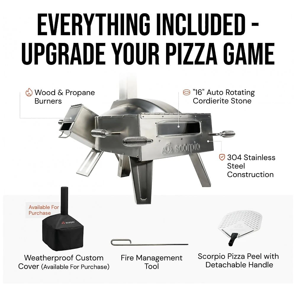 Forno de Pizza SCORPIO SPO1 Multicombustível Lenha e Gás 16" Pedra Giratória Refratária Alta Temperatura 454°C Portátil Externo
